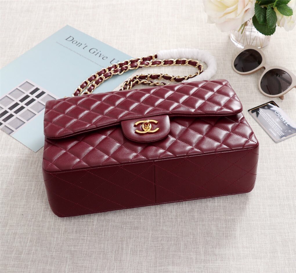 Ch**el Flap Bag 1113 30cm Lambskin Wine Red Gold Hardware