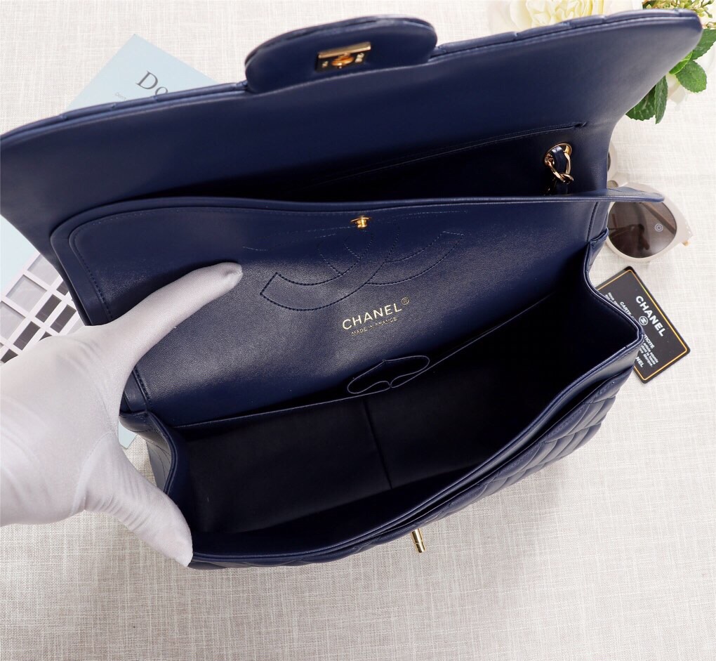 Ch**el Flap Bag 1113 30cm Lambskin Blue Gold Hardware