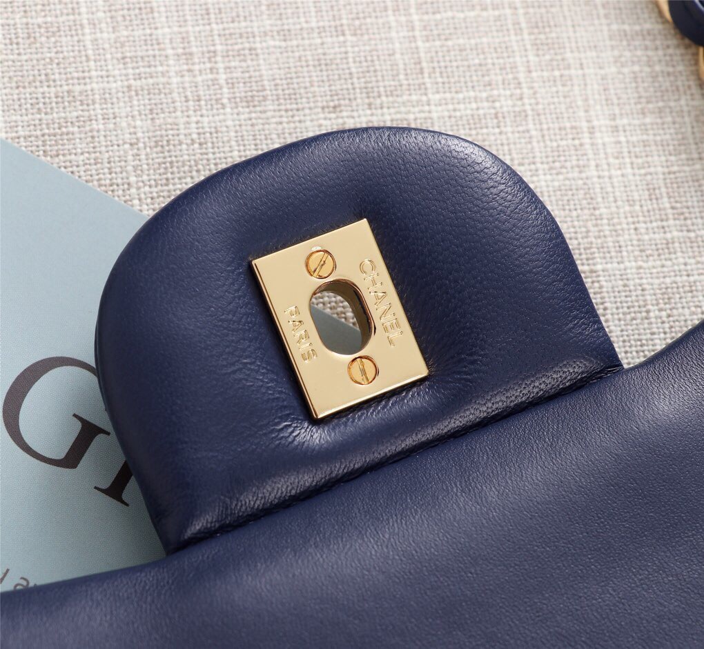 Ch**el Flap Bag 1113 30cm Lambskin Blue Gold Hardware