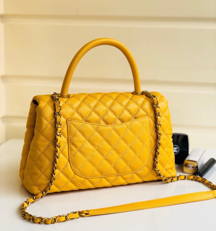 Ch**el Coco Handle Gold Caviar Yellow 28 cm