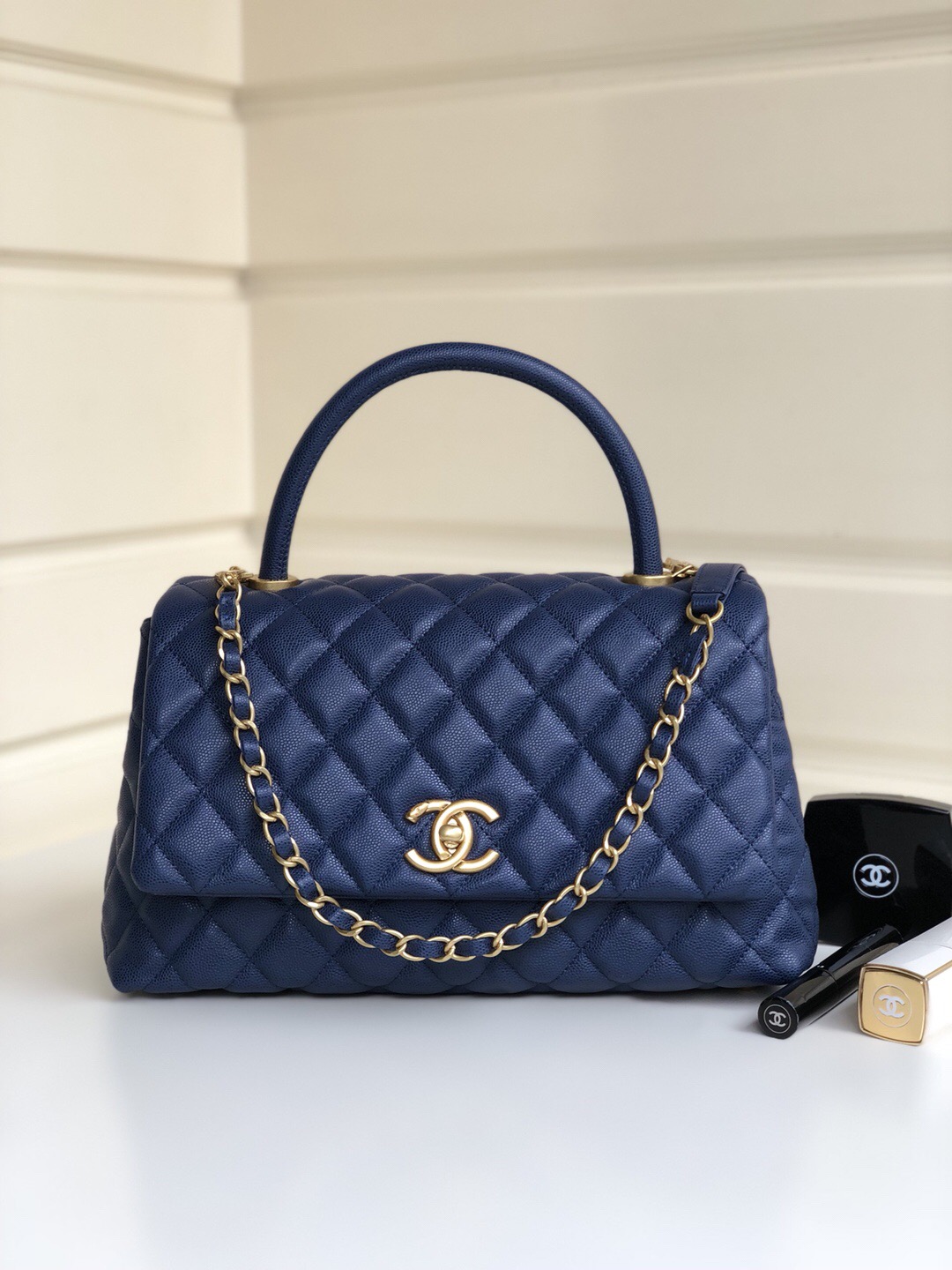 Ch**el Coco Handle Gold Caviar Blue 28 cm