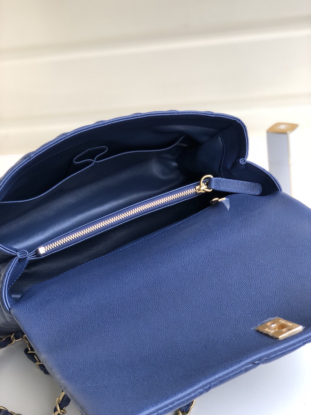 Ch**el Coco Handle Gold Caviar Blue 28 cm
