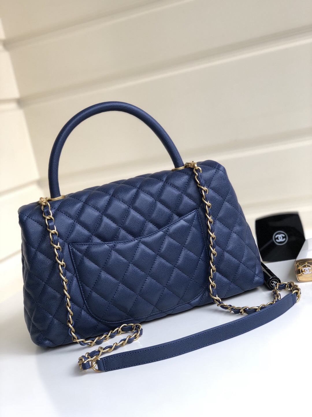 Ch**el Coco Handle Gold Caviar Blue 28 cm