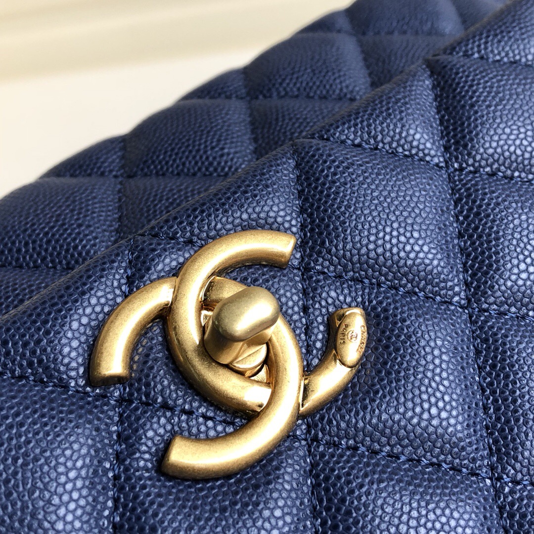 Ch**el Coco Handle Gold Caviar Blue 28 cm