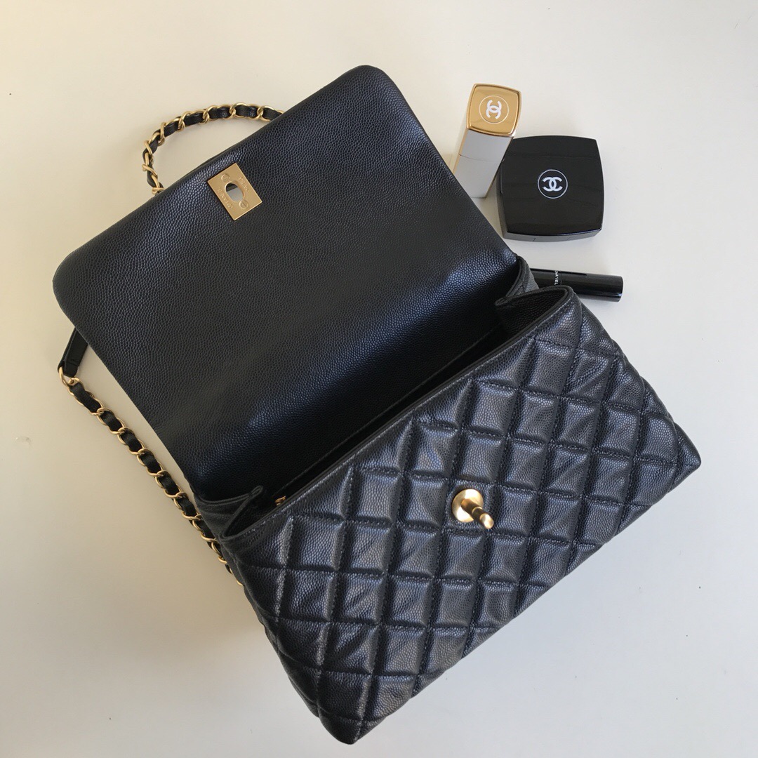 Ch**el Coco Handle Gold Caviar Black 24 cm