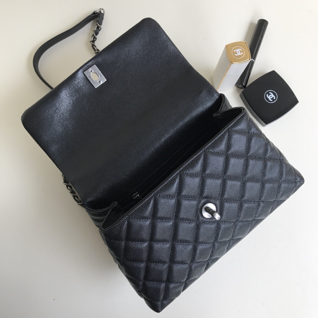 Ch**el Coco Handle Silver Caviar Black 24cm