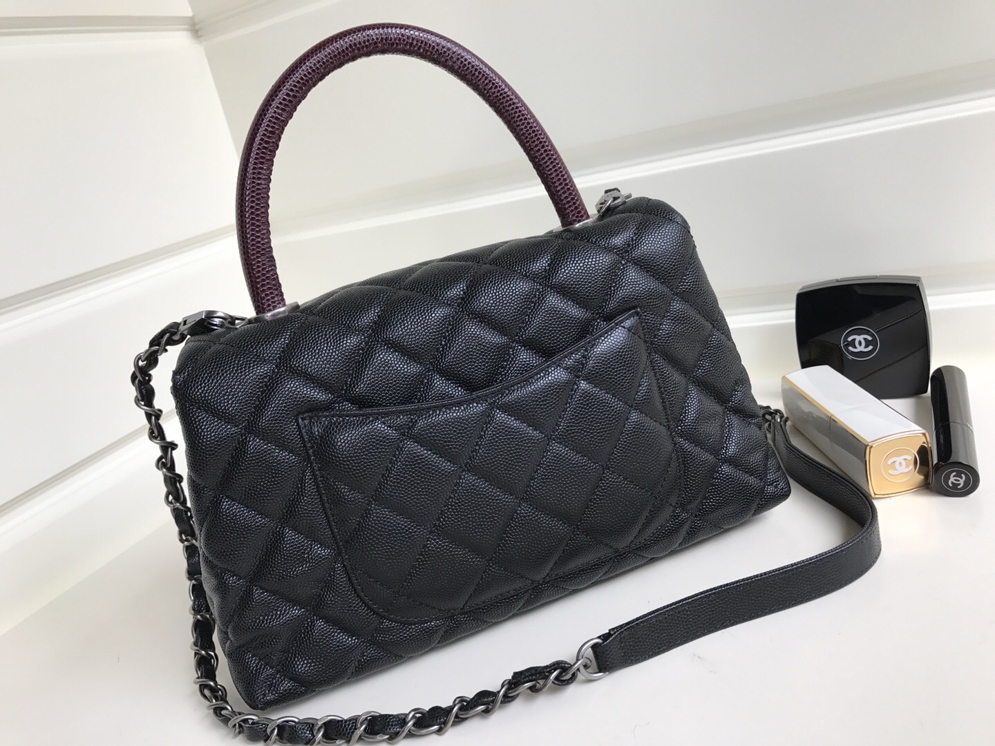 Ch**el Coco Handle Silver Caviar Black 24cm