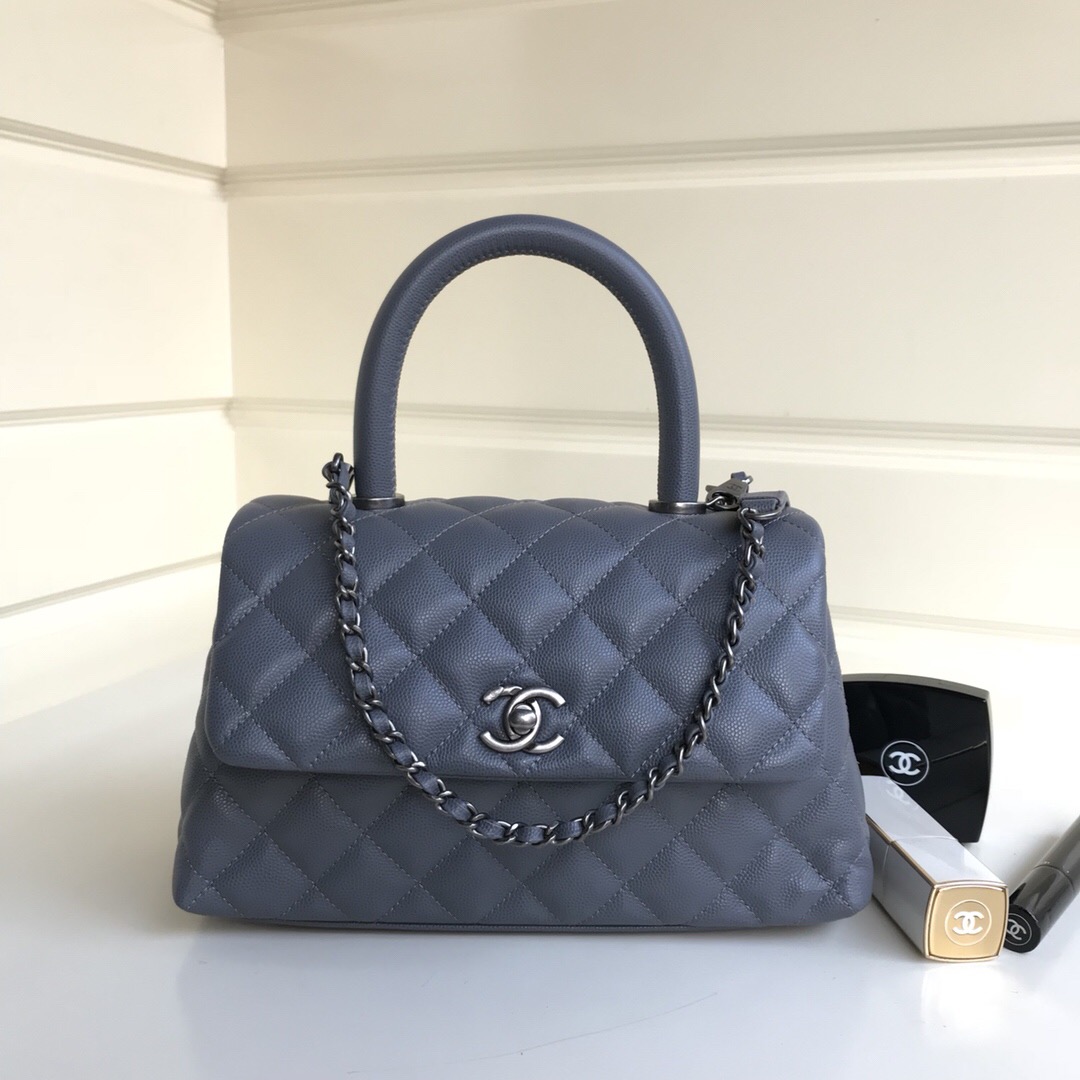 Ch**el Coco Handle Silver Caviar Grey 24 cm