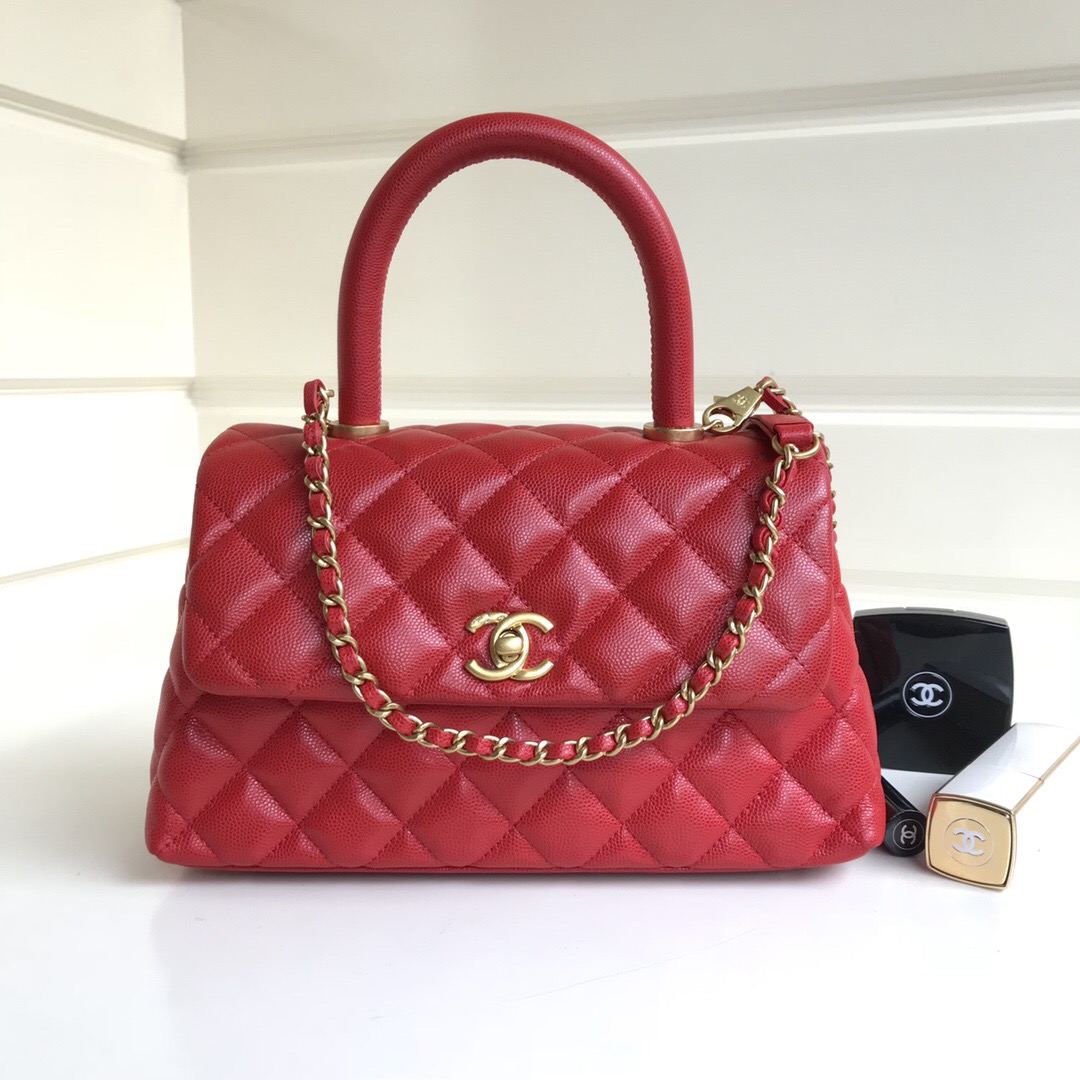Ch**el Coco Handle Gold Caviar Red 24 cm
