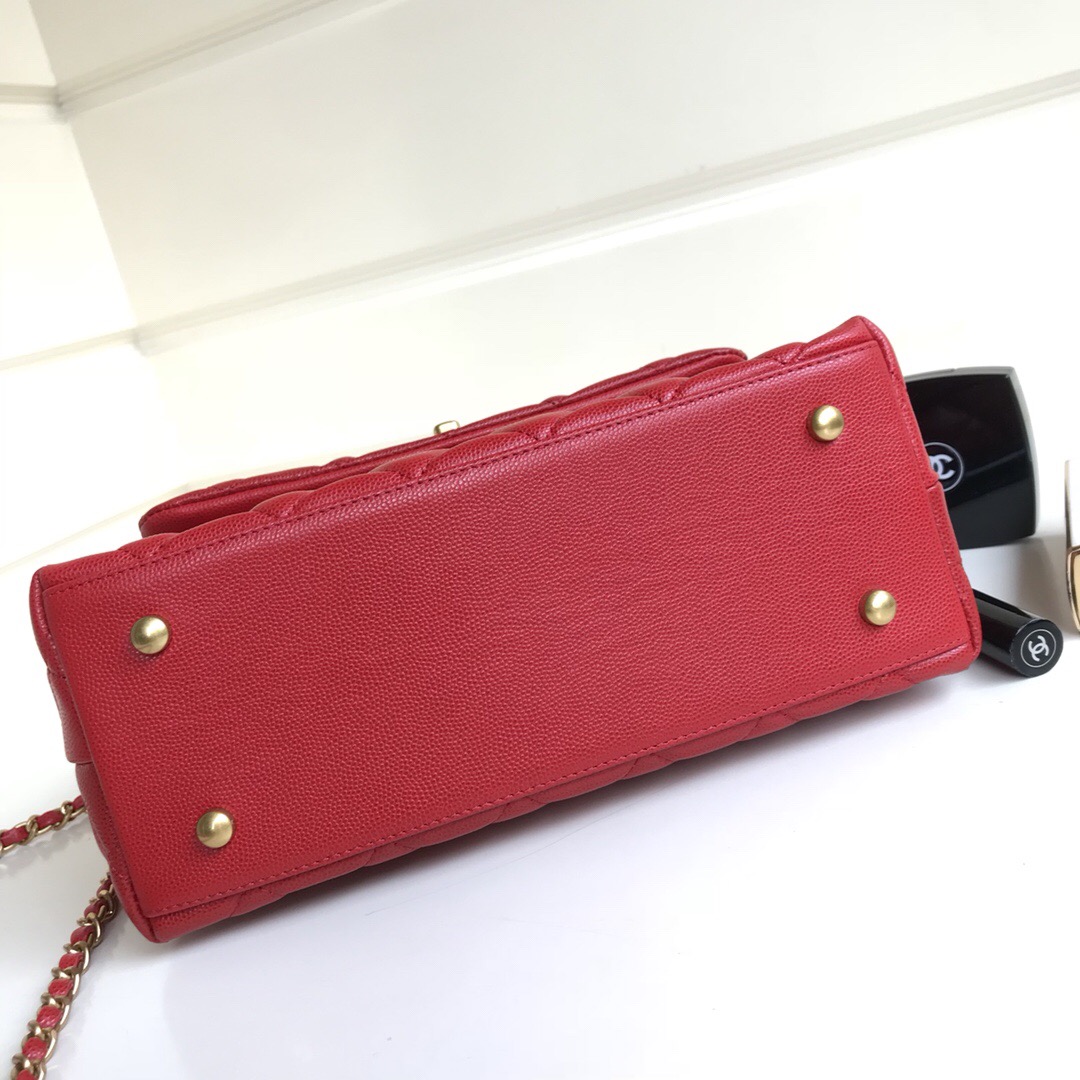 Ch**el Coco Handle Gold Caviar Red 24 cm
