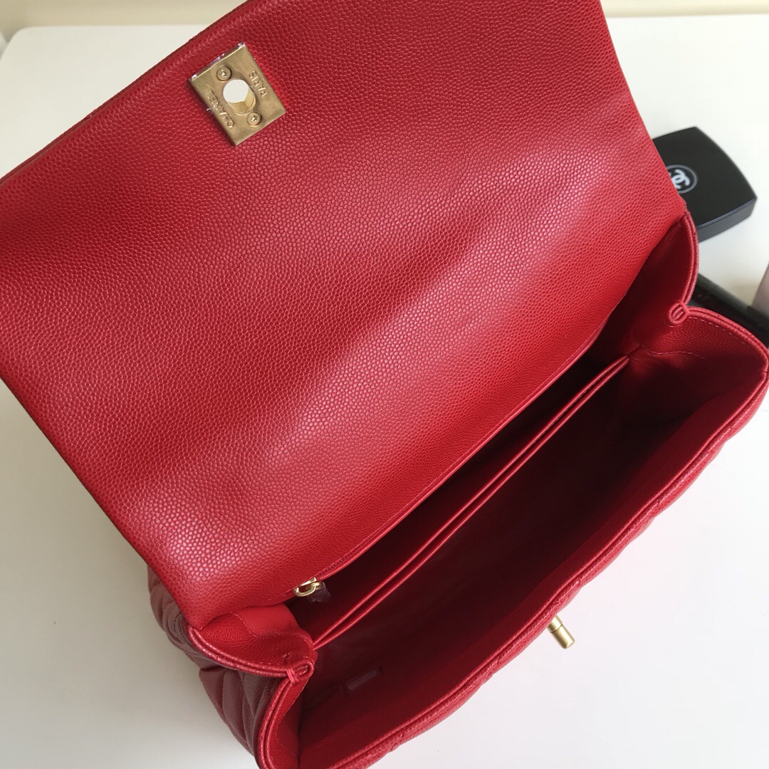 Ch**el Coco Handle Gold Caviar Red 24 cm
