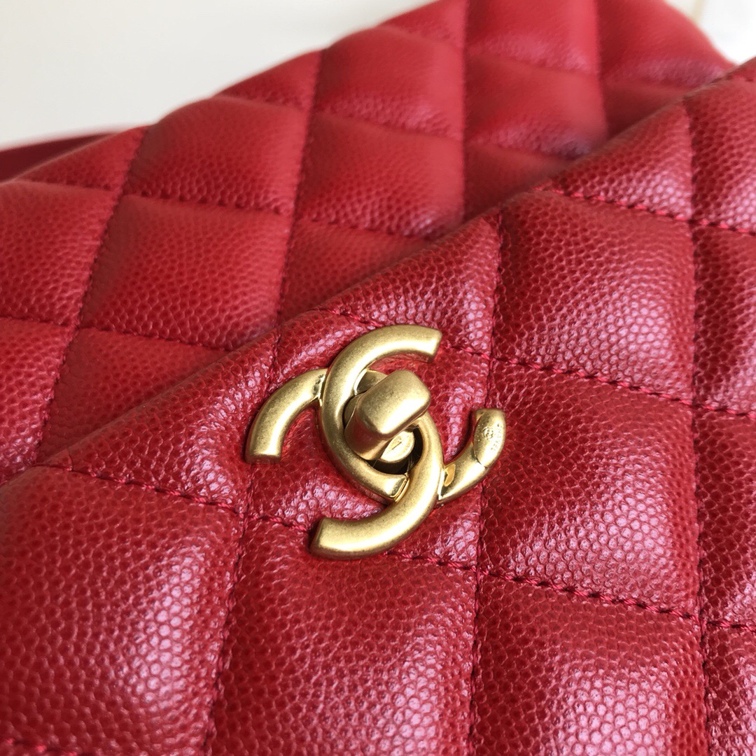 Ch**el Coco Handle Gold Caviar Red 24 cm