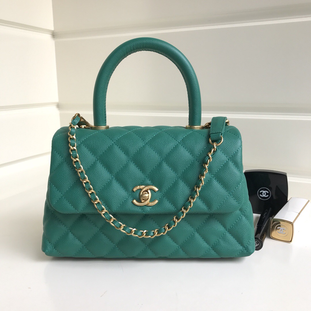 Ch**el Coco Handle Gold Caviar Light Green 24 cm
