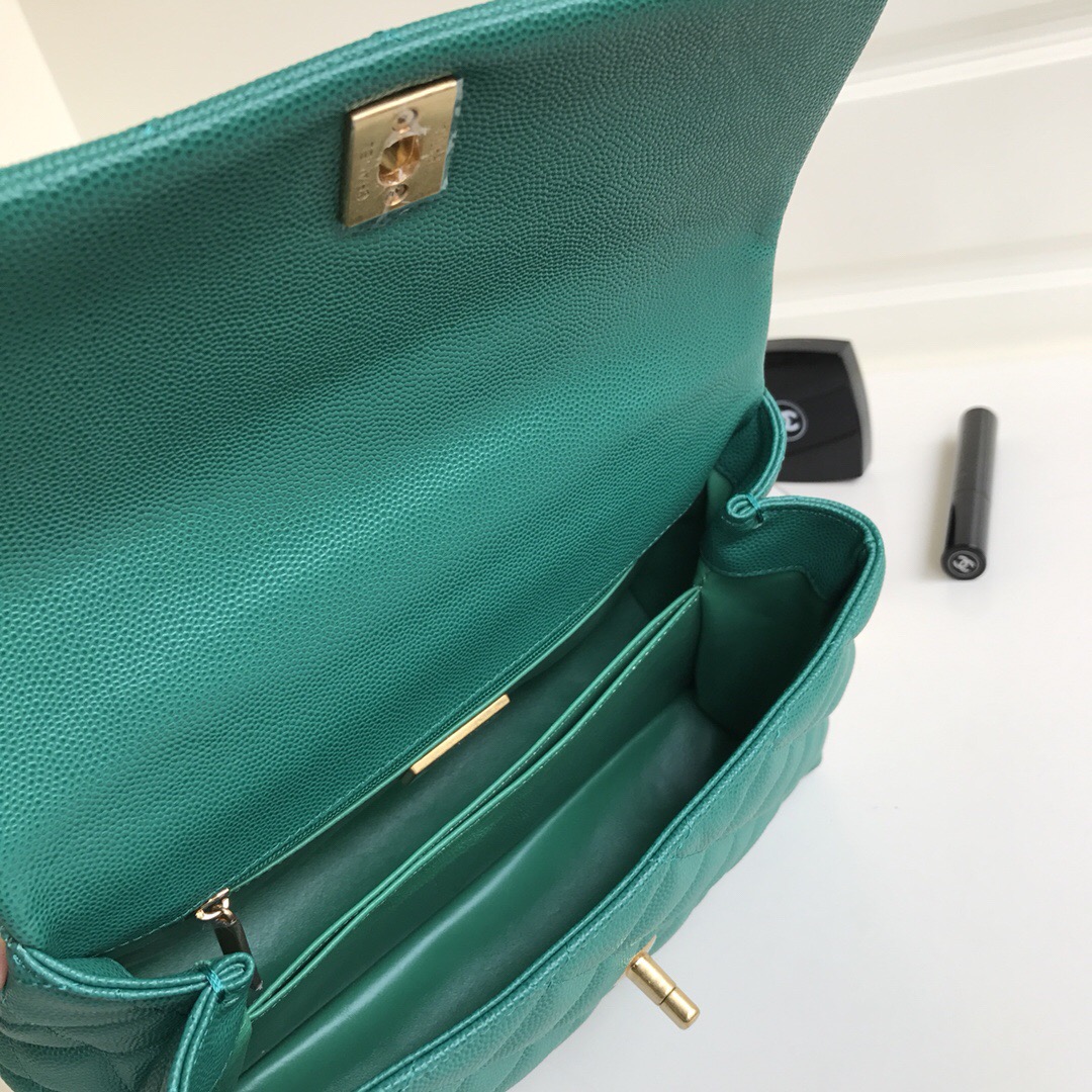 Ch**el Coco Handle Gold Caviar Light Green 24 cm