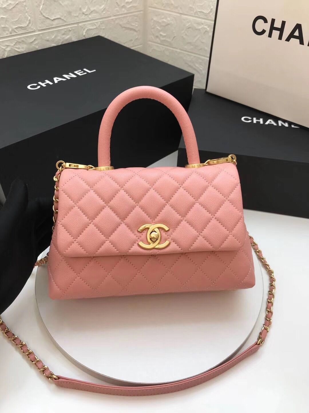 Ch**el Coco Handle Gold Caviar Pink 24 Cm