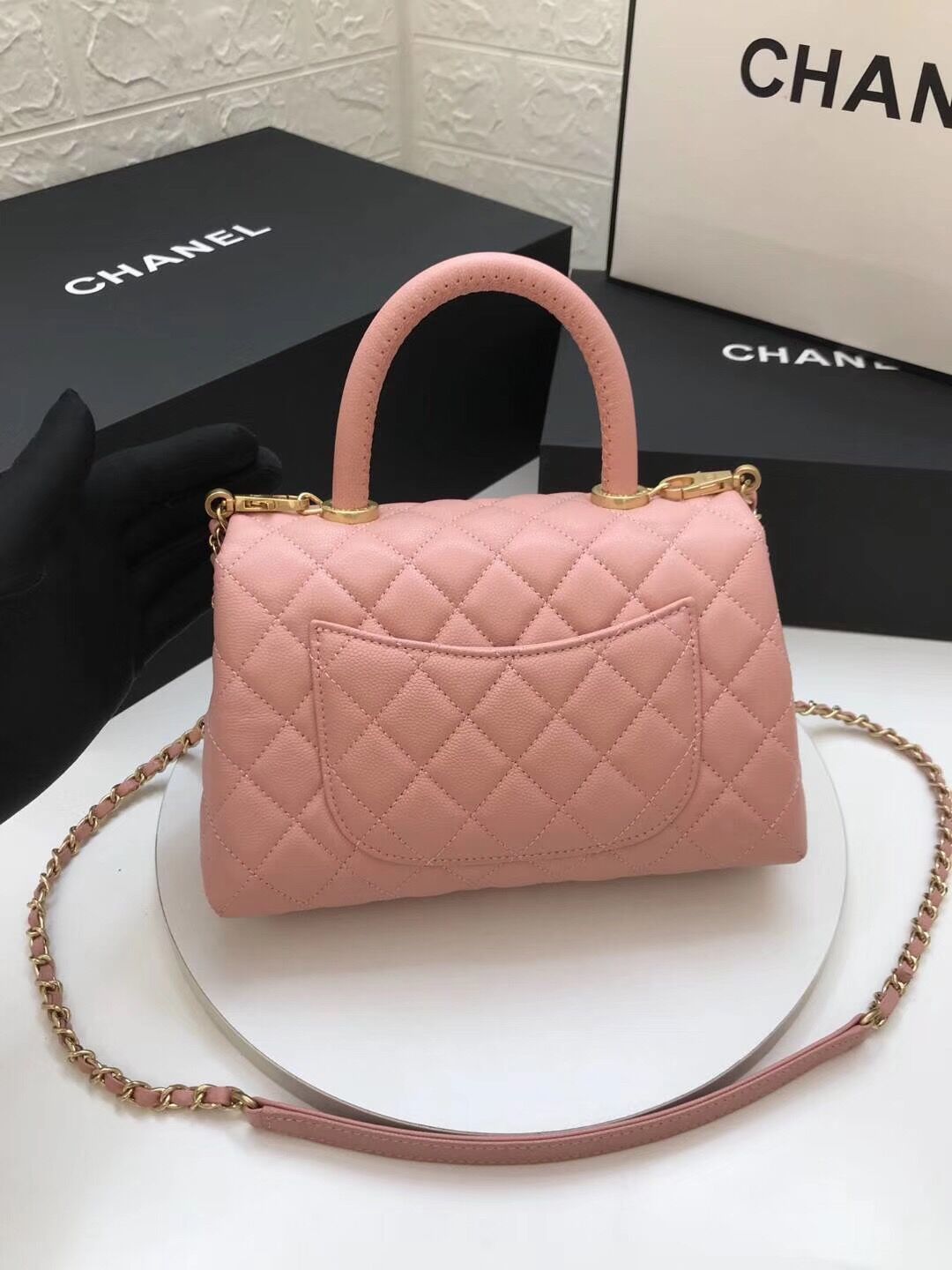 Ch**el Coco Handle Gold Caviar Pink 24 Cm