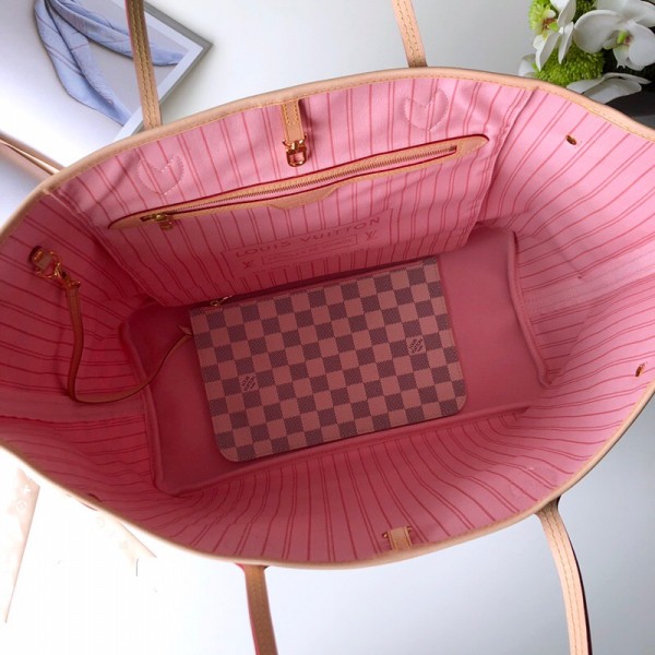 L0vis Vvtt0n Original Neverfull N41605 White Grid With Pink