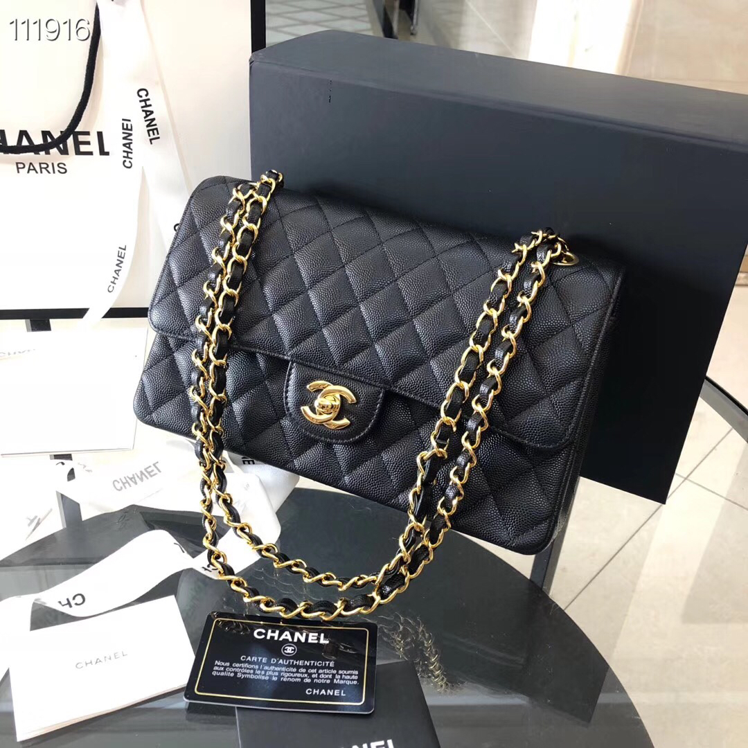 Ch**el Flap Bag Caviar in Black 25cm with Gold Hardware