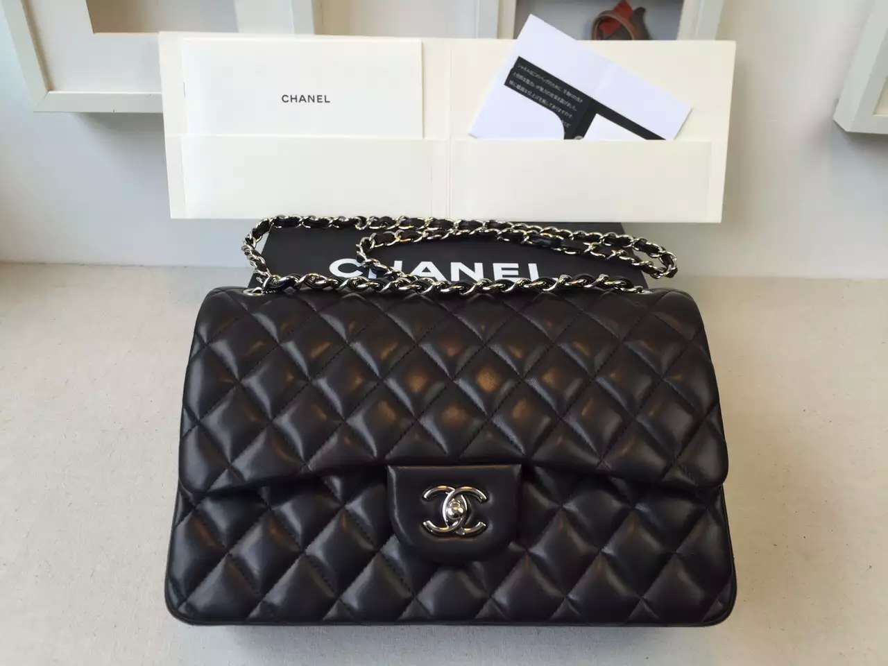 Ch**el Lambskin Flap Bag in Black 30cm with Sliver Hardware