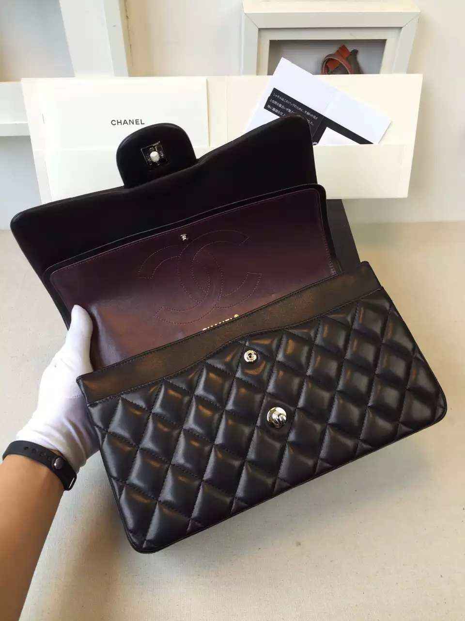 Ch**el Lambskin Flap Bag in Black 30cm with Sliver Hardware