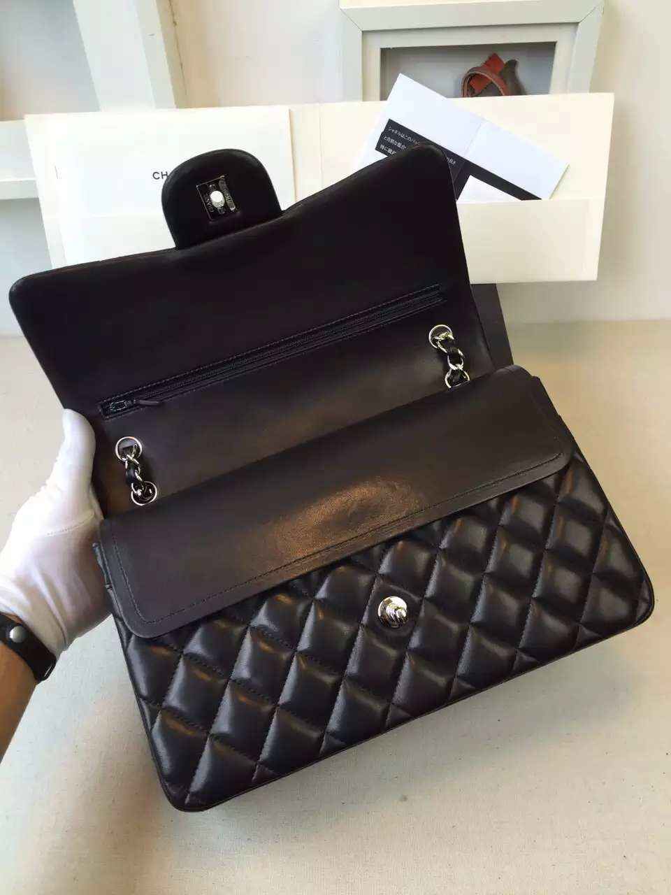 Ch**el Lambskin Flap Bag in Black 30cm with Sliver Hardware