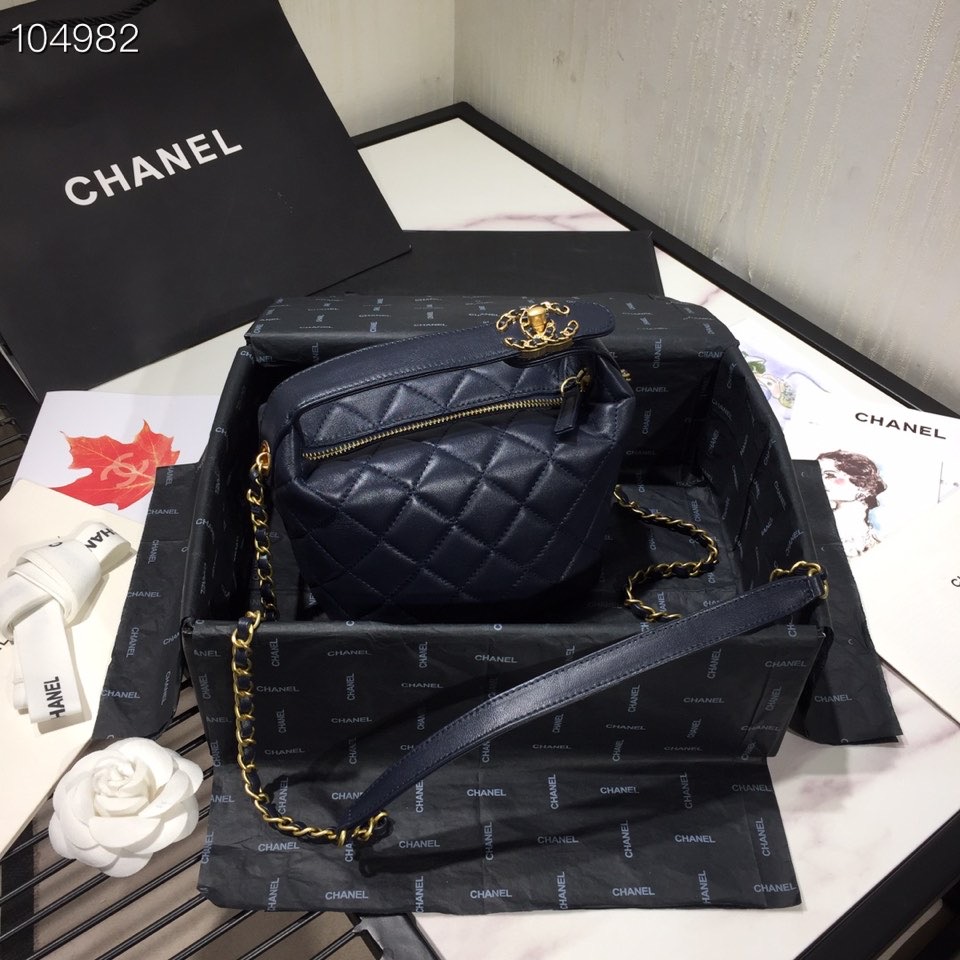 Ch**el Lambskin Gold Metal Pink Small Hobo Bag dark blue