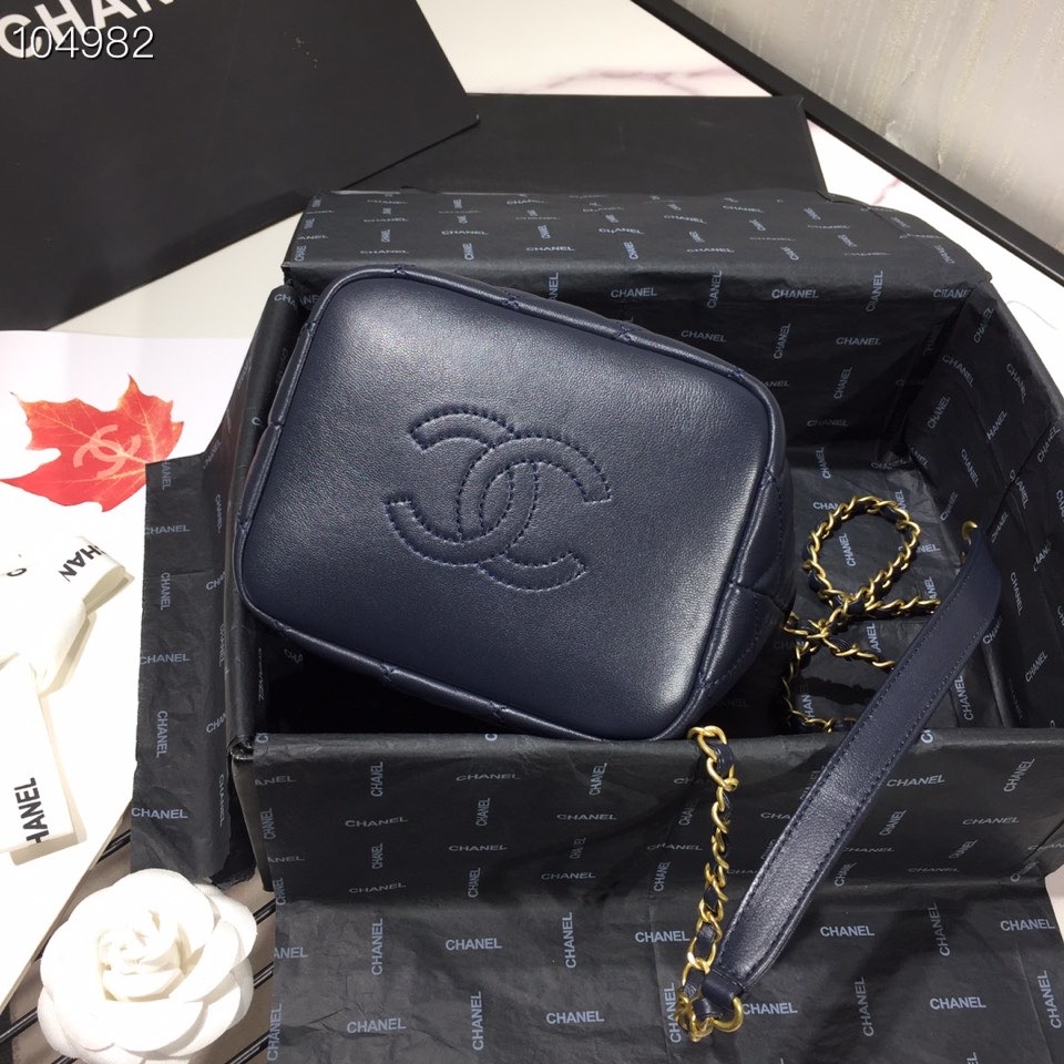 Ch**el Lambskin Gold Metal Pink Small Hobo Bag dark blue