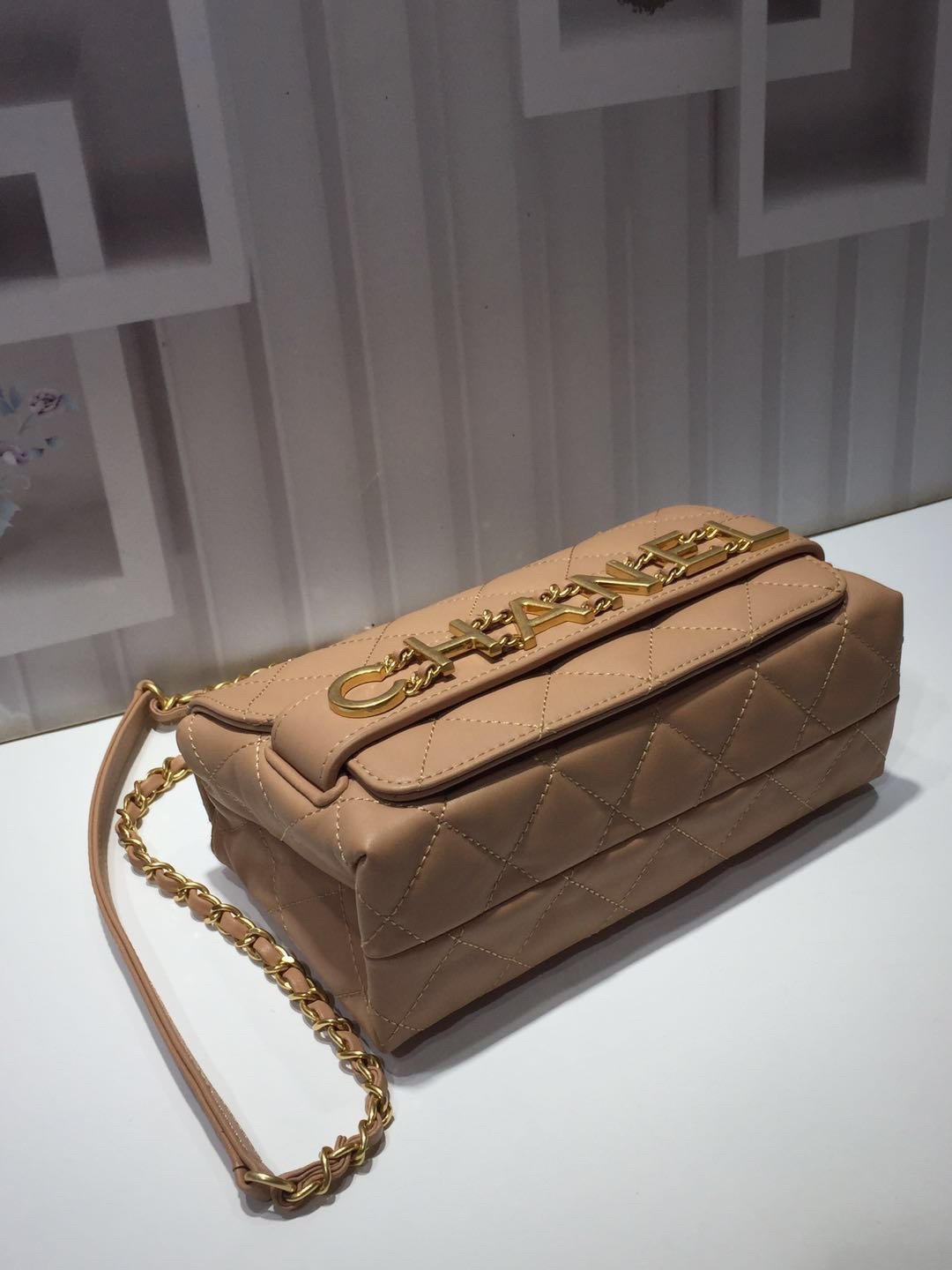 Ch**el small flap bag calfskin goldtone metal beige