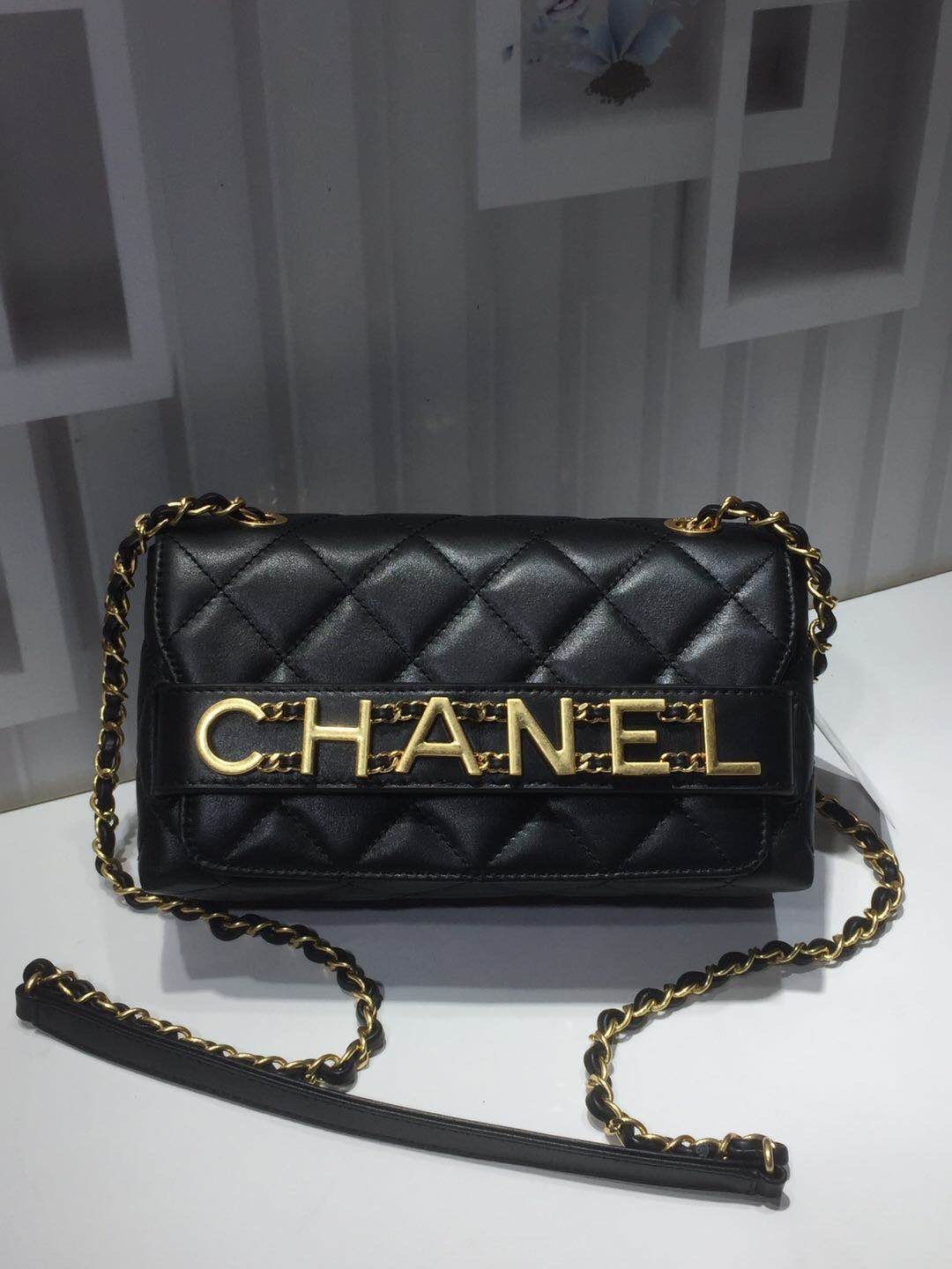 Ch**el small flap bag calfskin goldtone metal black