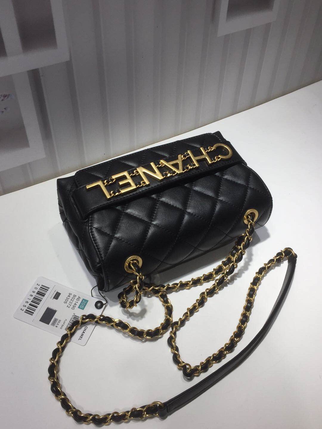 Ch**el small flap bag calfskin goldtone metal black