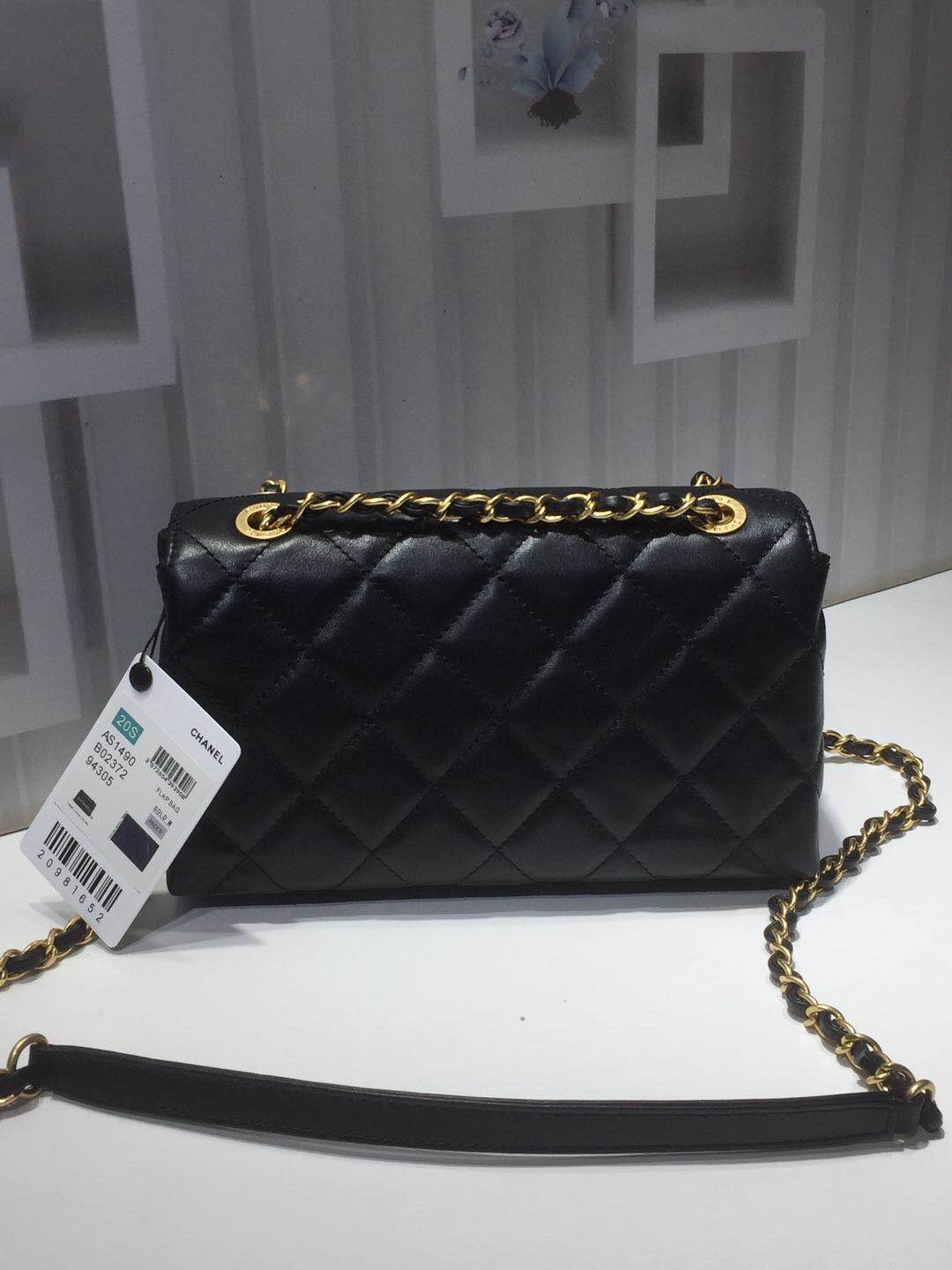 Ch**el small flap bag calfskin goldtone metal black
