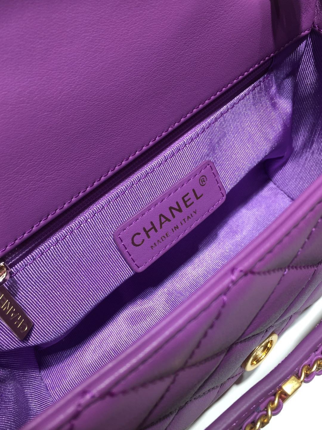 Ch**el small flap bag calfskin goldtone metal purple