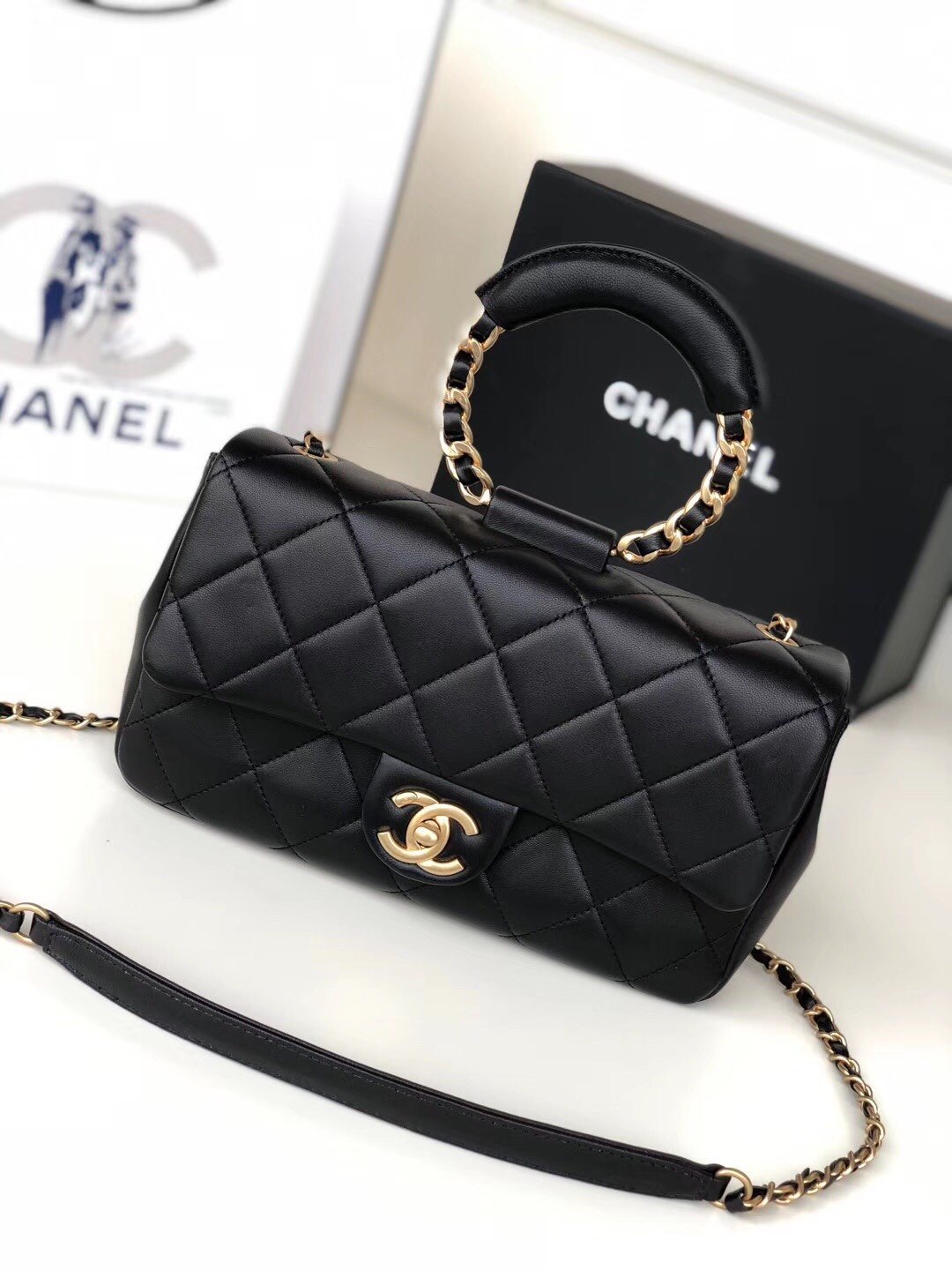 Ch**el Flap Bag Lambskin Black 24cm