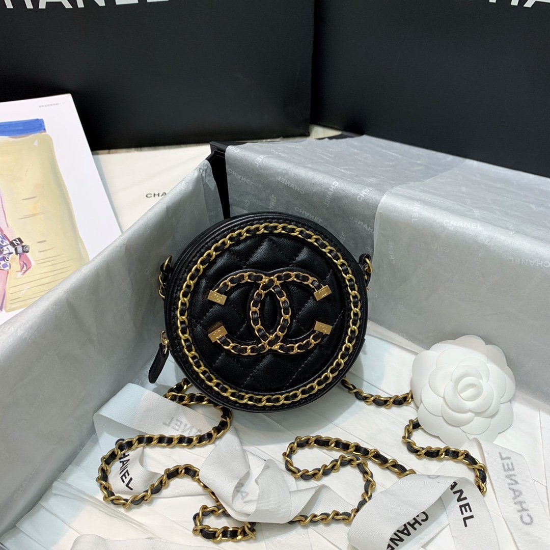 Ch**el Round Chain Bag 12cm Black
