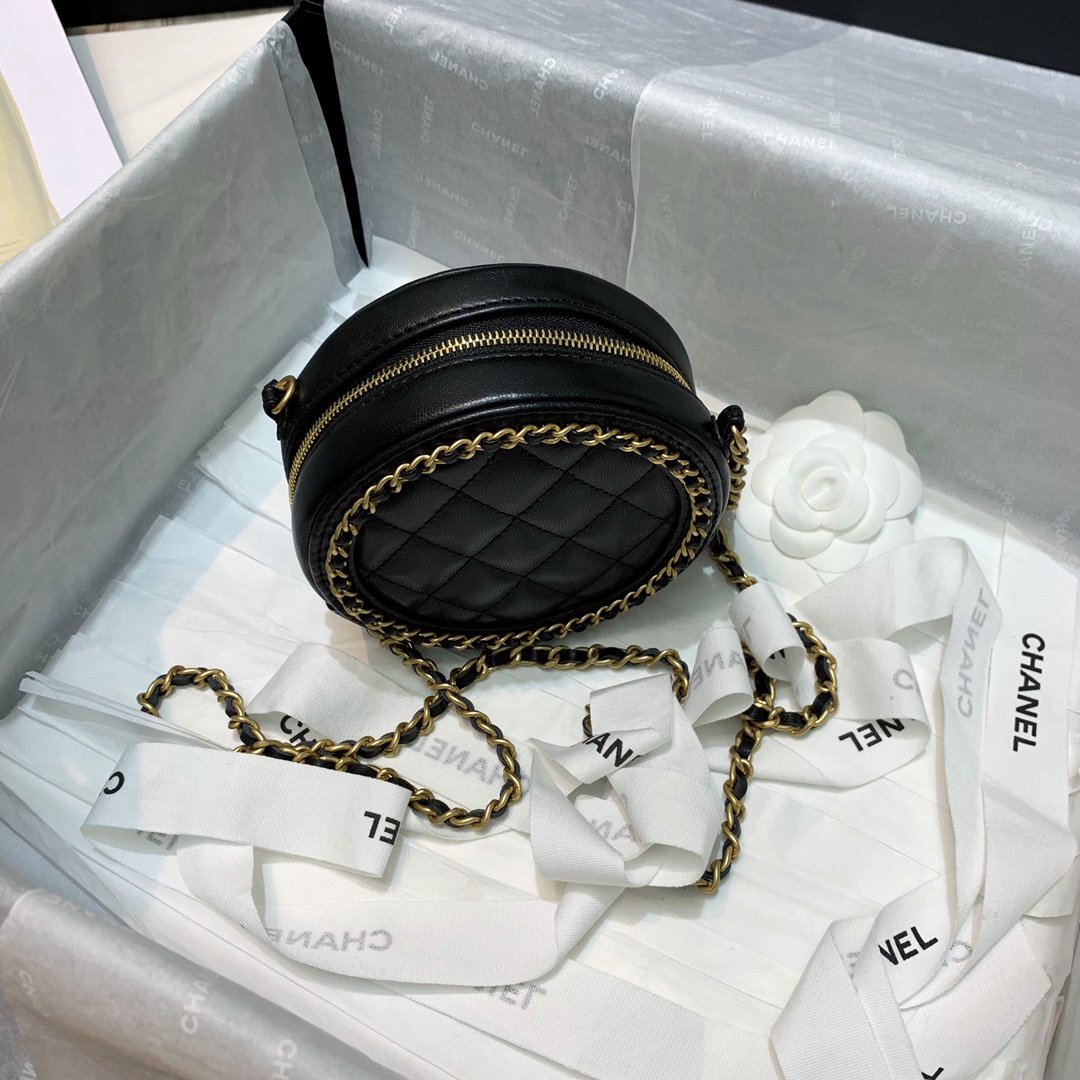 Ch**el Round Chain Bag 12cm Black