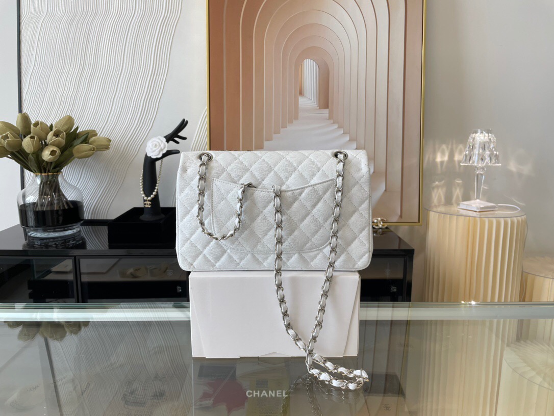 Bagsaaa Ch**el Flap Bag Caviar in White & silver - 25cm