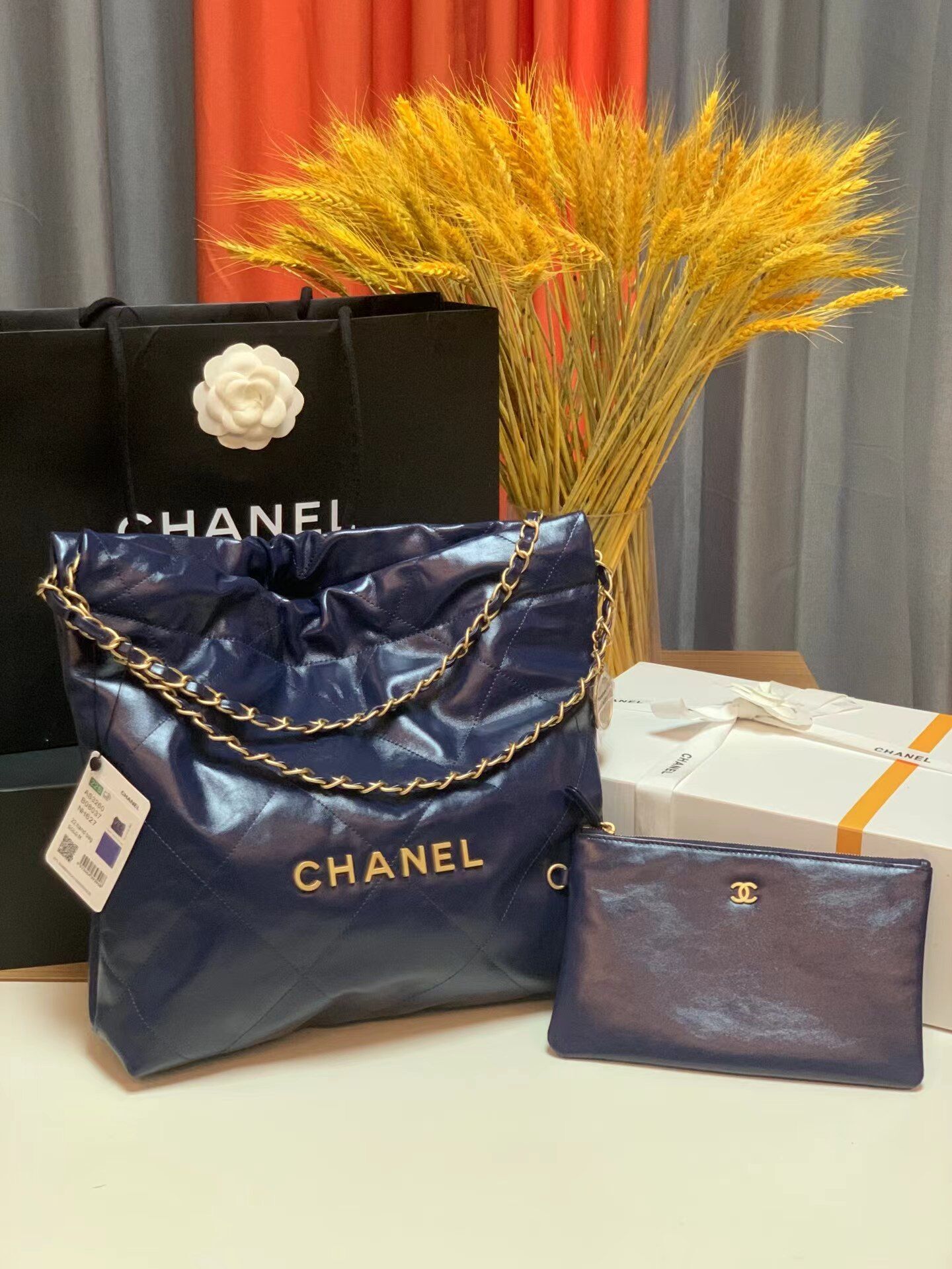 Bagsaaa Ch**el small tote bag dark blue gold hardware