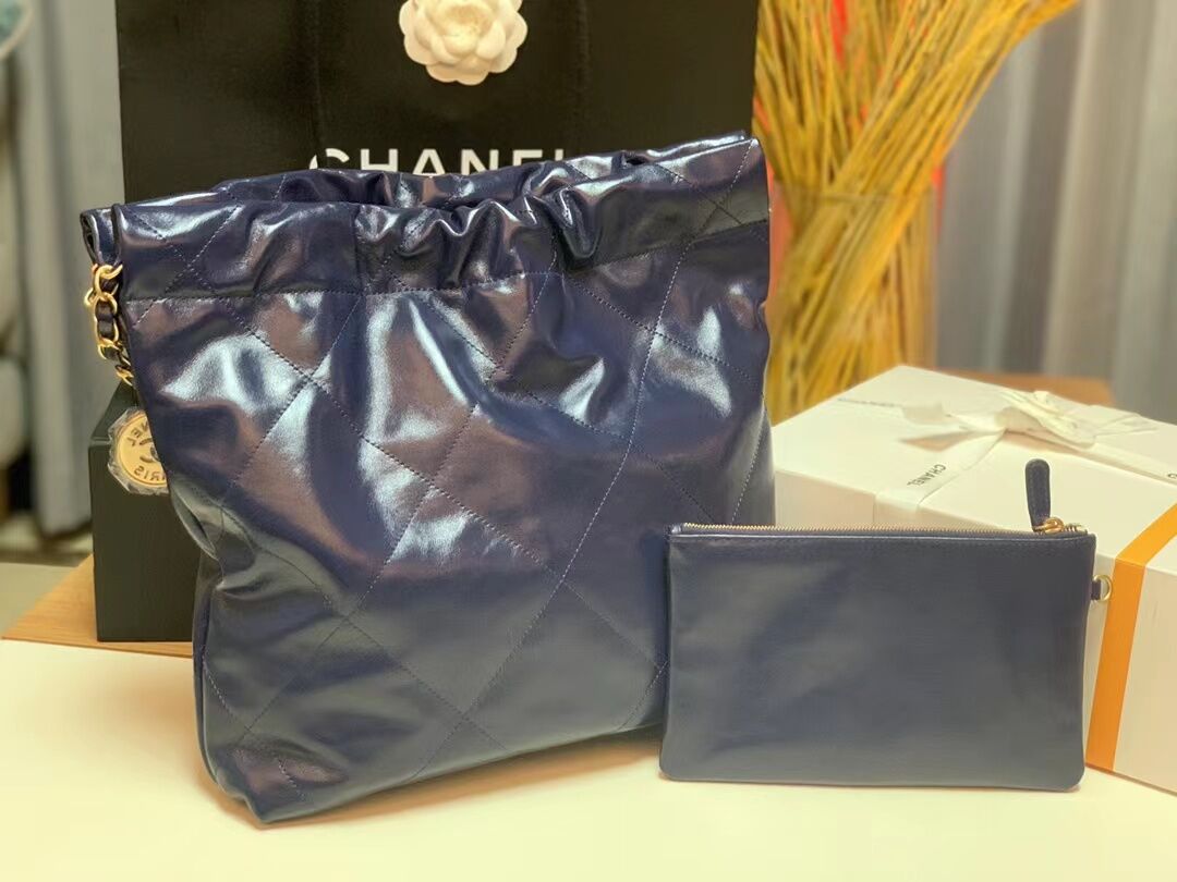 Bagsaaa Ch**el small tote bag dark blue gold hardware
