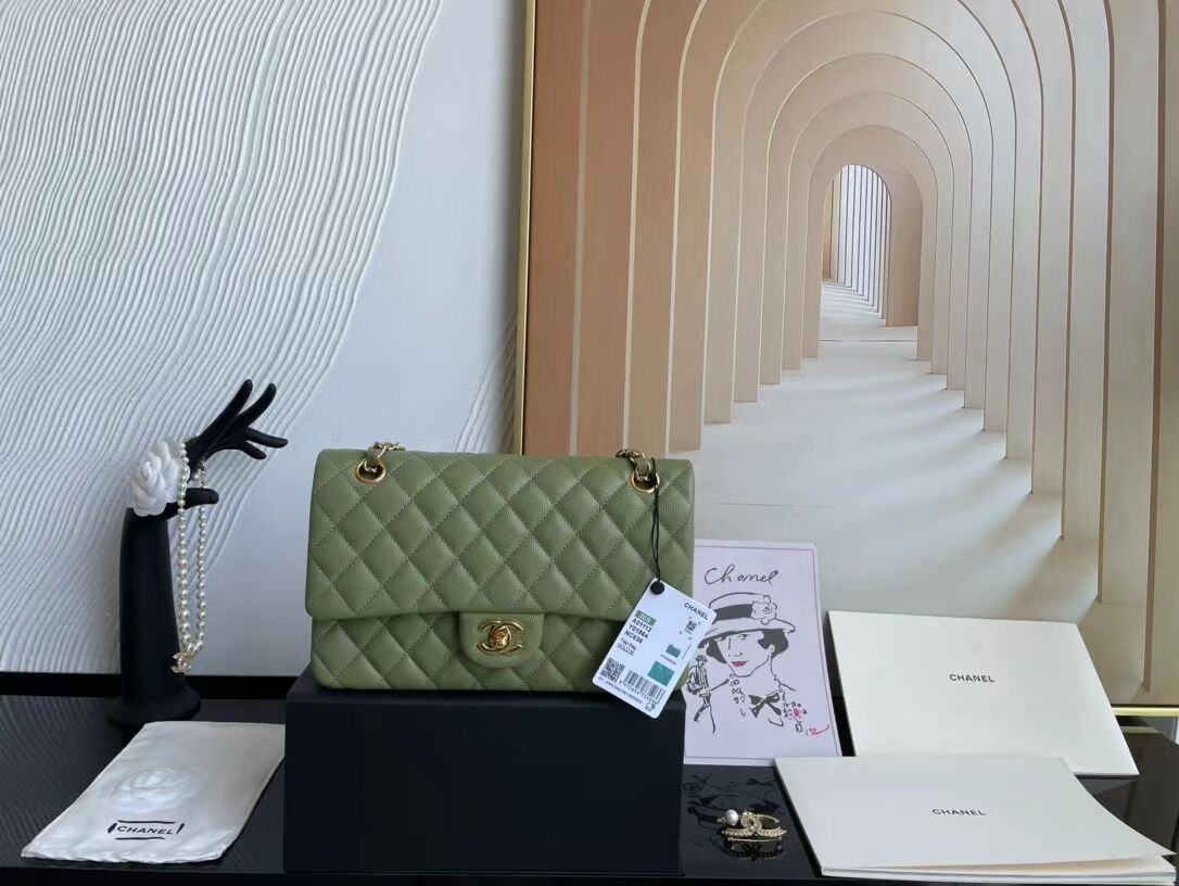 Ch**el Flap Bag Caviar in Light Green 25cm with Gold Hardware