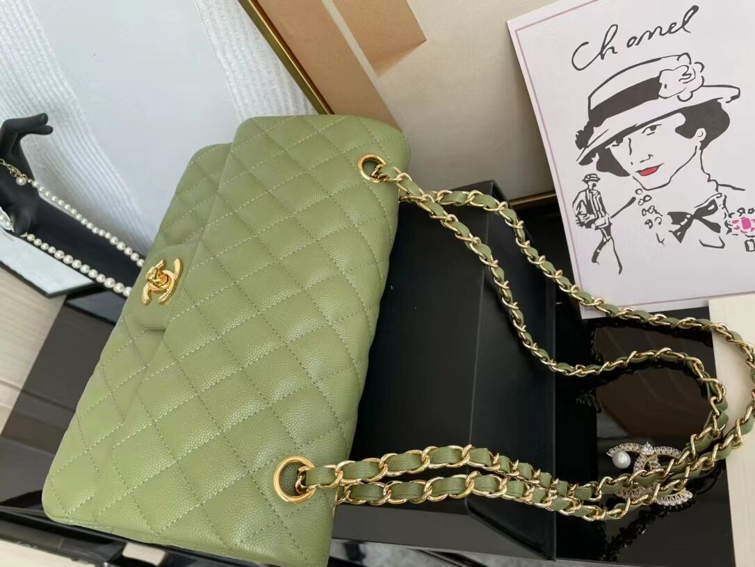 Ch**el Flap Bag Caviar in Light Green 25cm with Gold Hardware