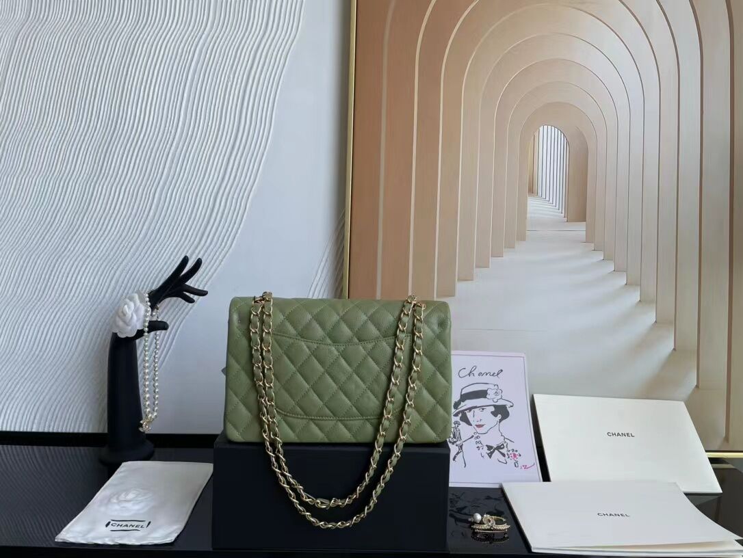 Ch**el Flap Bag Caviar in Light Green 25cm with Gold Hardware