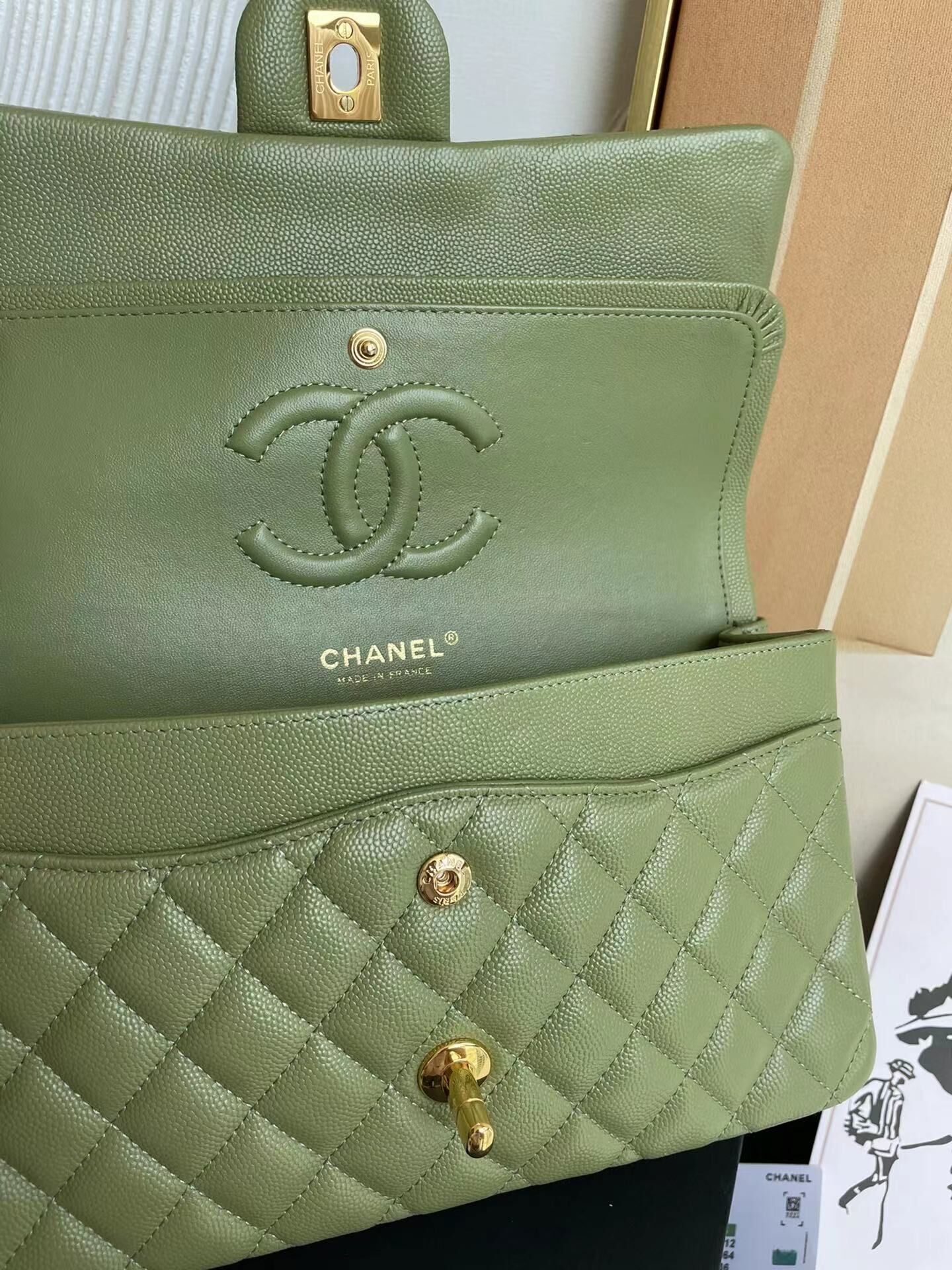 Ch**el Flap Bag Caviar in Light Green 25cm with Gold Hardware