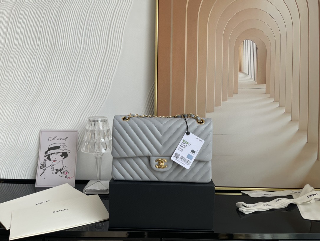 Ch**el Flap Gray Chevron Lambskin 25CM With Gold Hardware