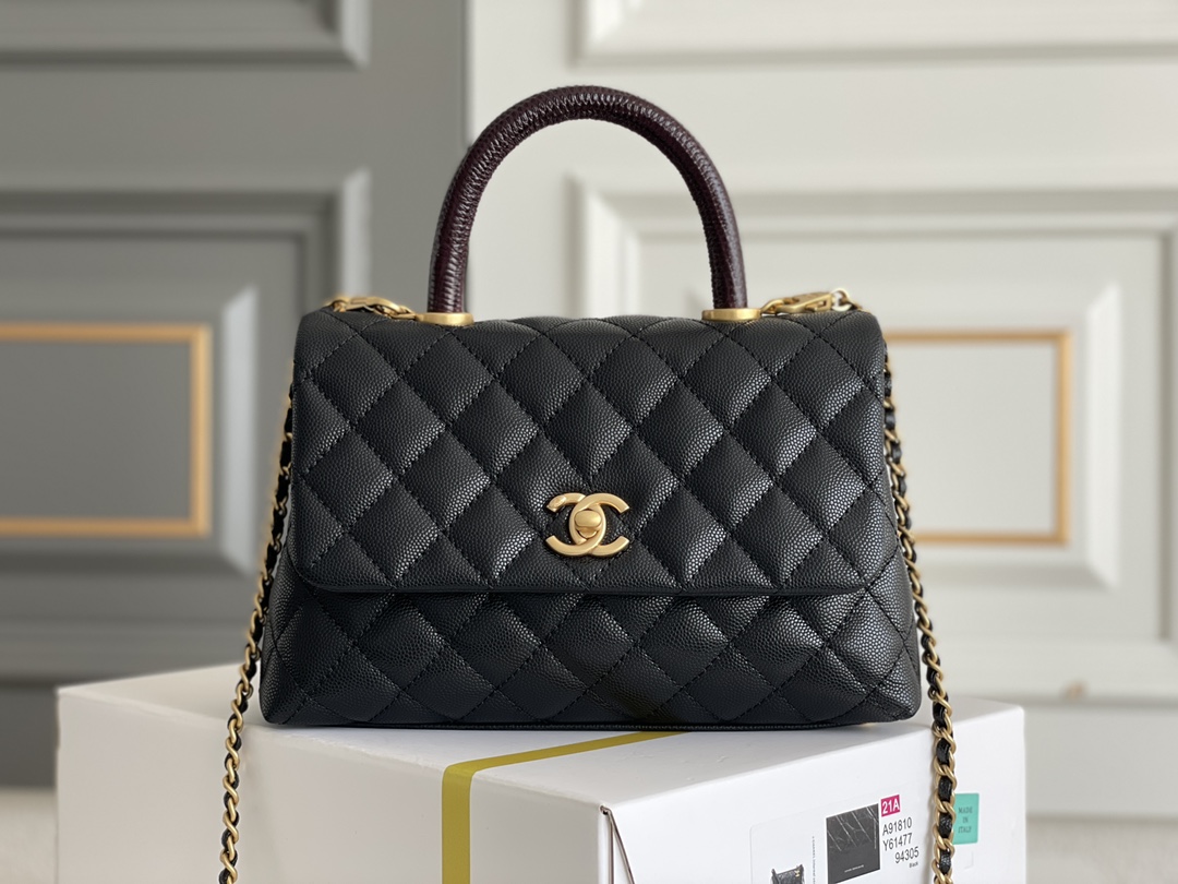 Ch**el Coco Handle Gold Caviar Black 24 cm
