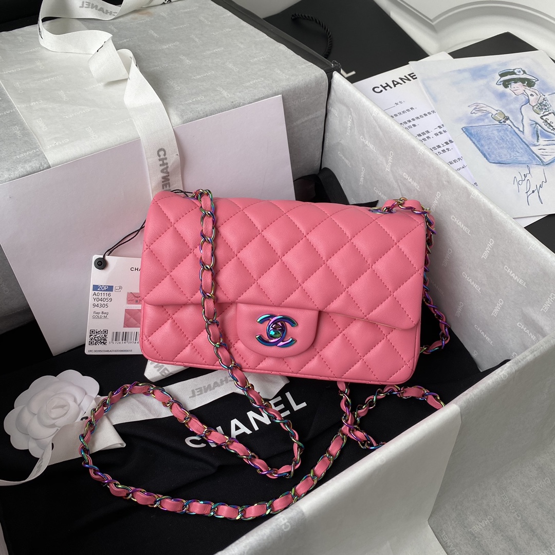 Ch**el Classic Flap Bag 20cm Pink with Yellow A01116 