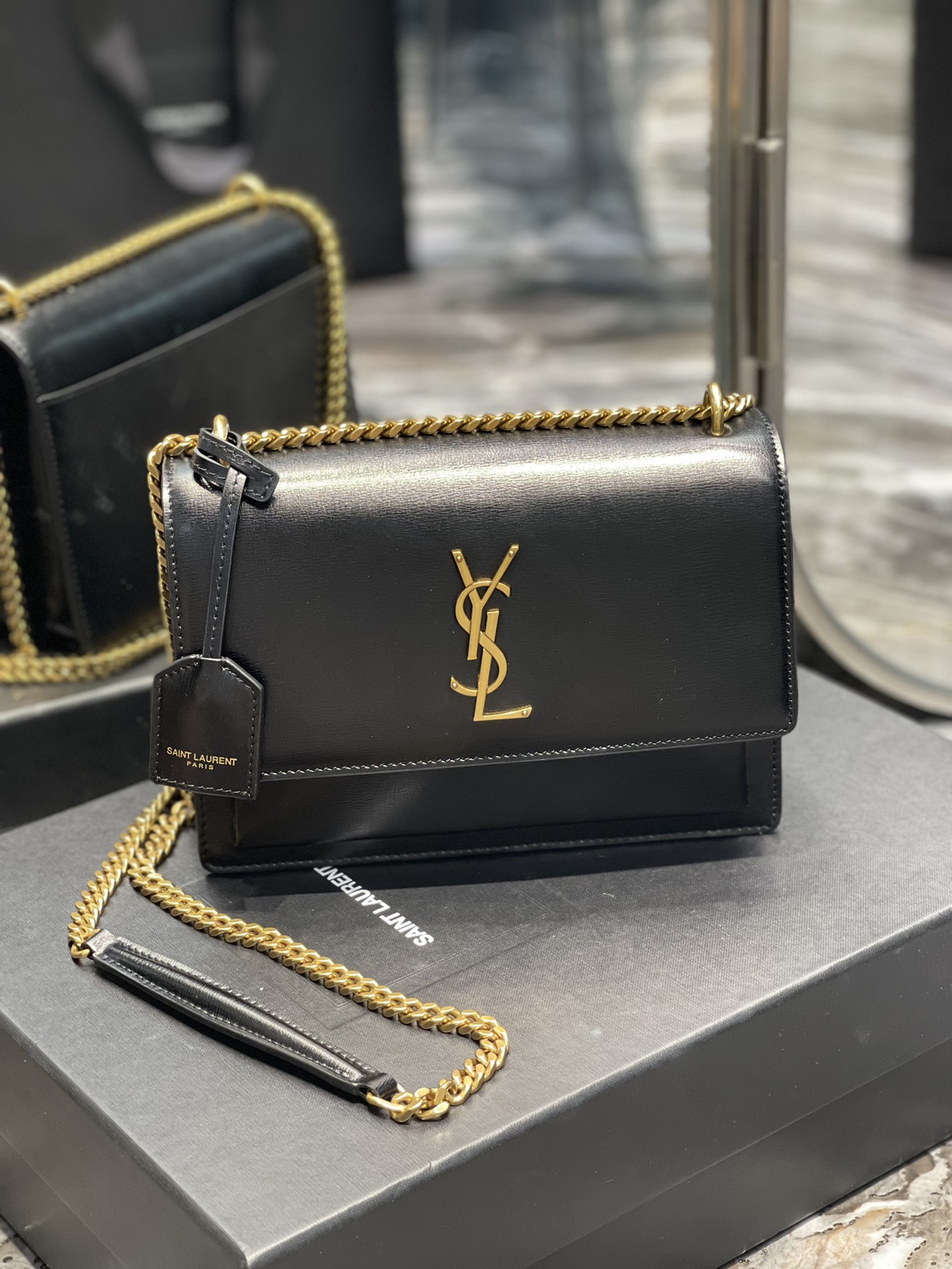 Y51 Monogram Sunset Leather Crossbody Bag 442906 Black with gold hardware 22cm