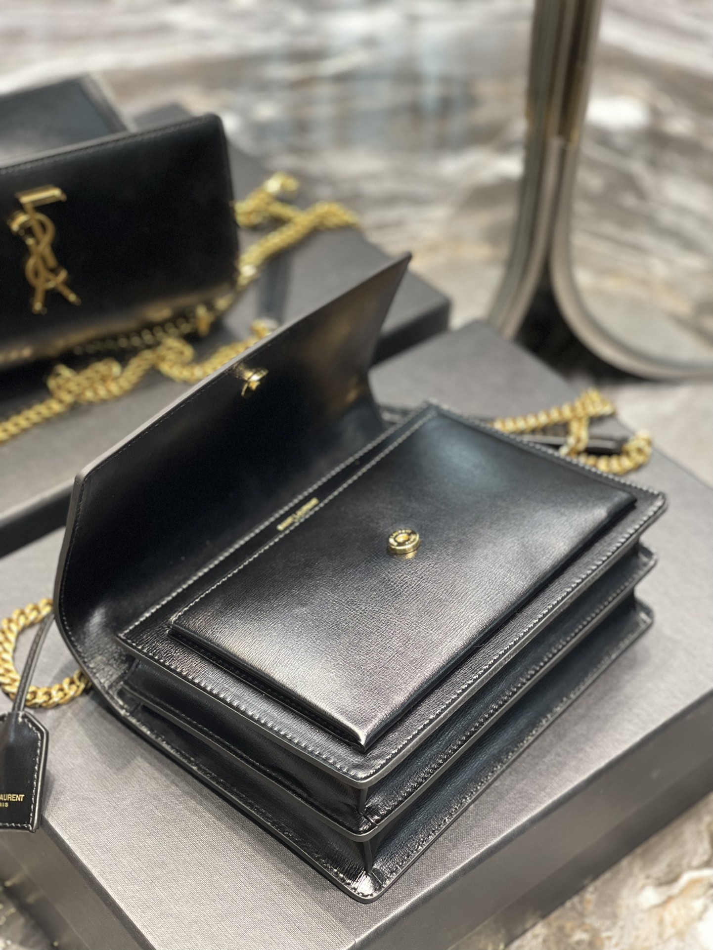 Y51 Monogram Sunset Leather Crossbody Bag 442906 Black with gold hardware 22cm