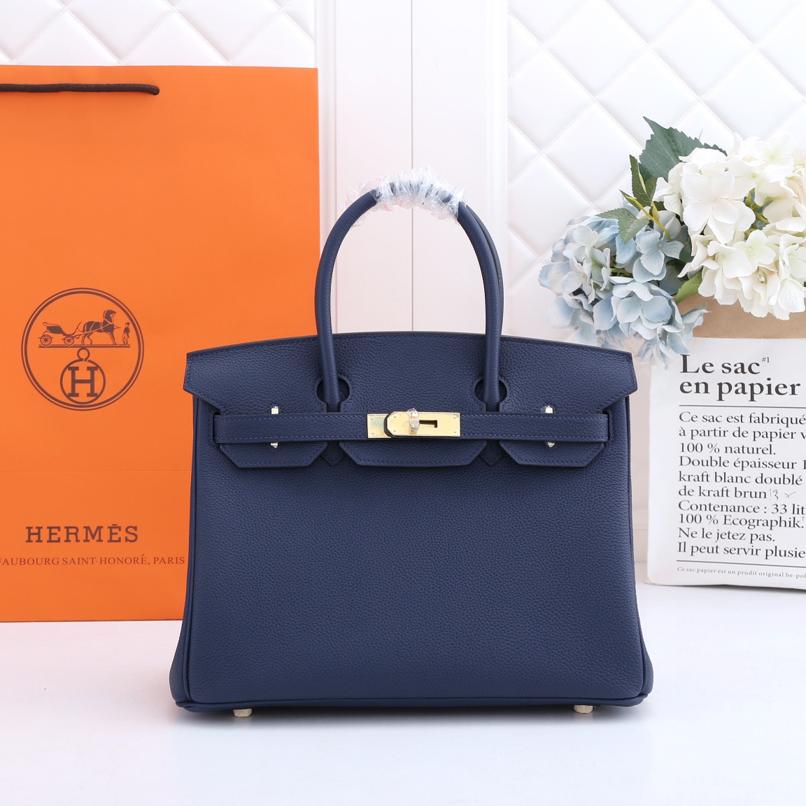 H**me5 original togo leather birkin 30cm bag in Navy Blue