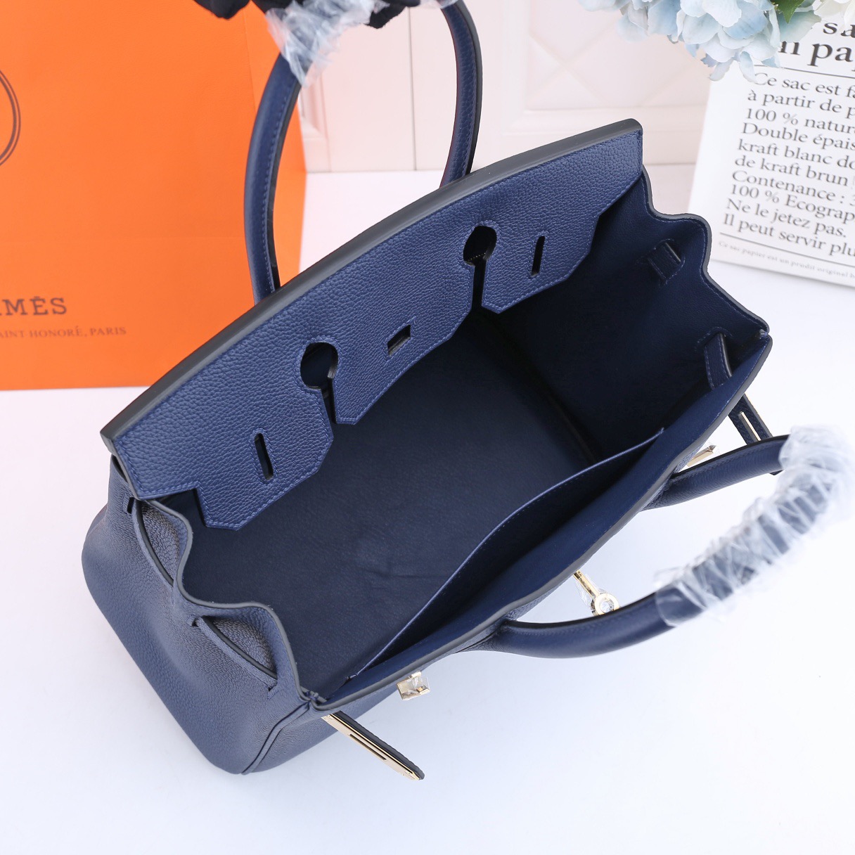 H**me5 original togo leather birkin 30cm bag in Navy Blue