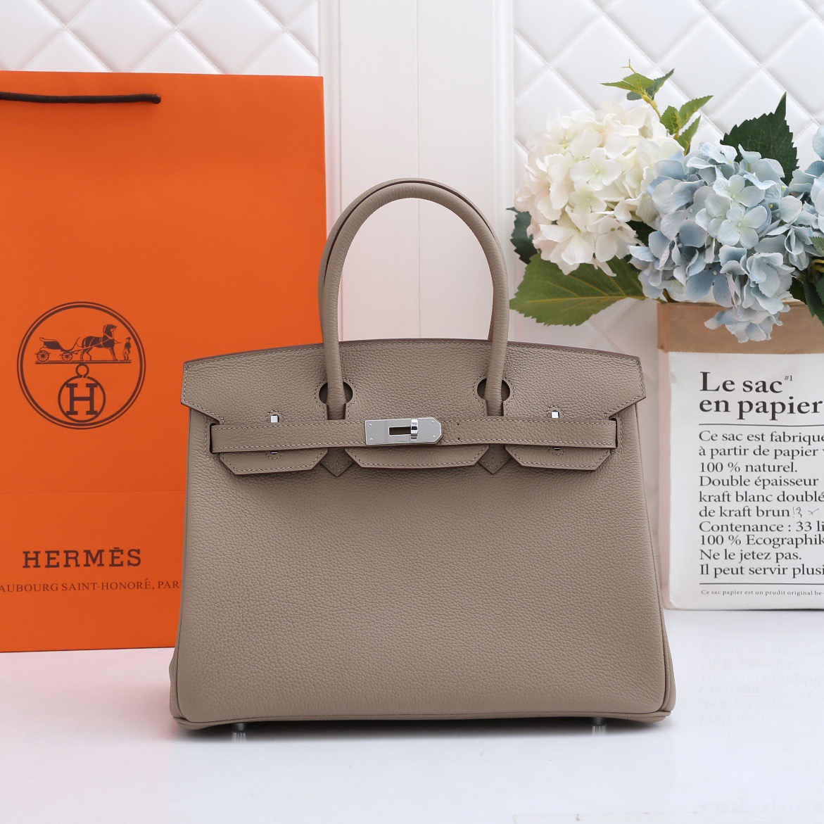 H**me5 original togo leather birkin 30cm bag in Gray